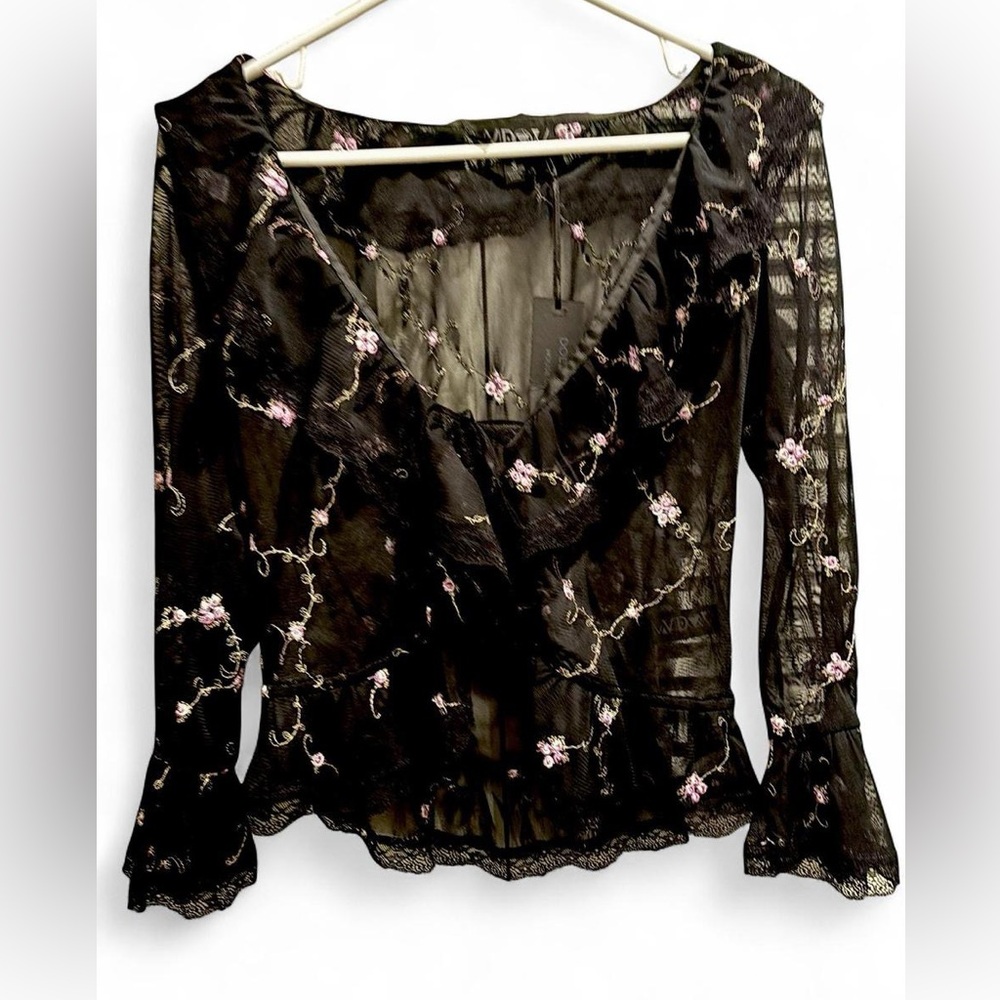 Chic Black Floral Blouse with Sheer Design